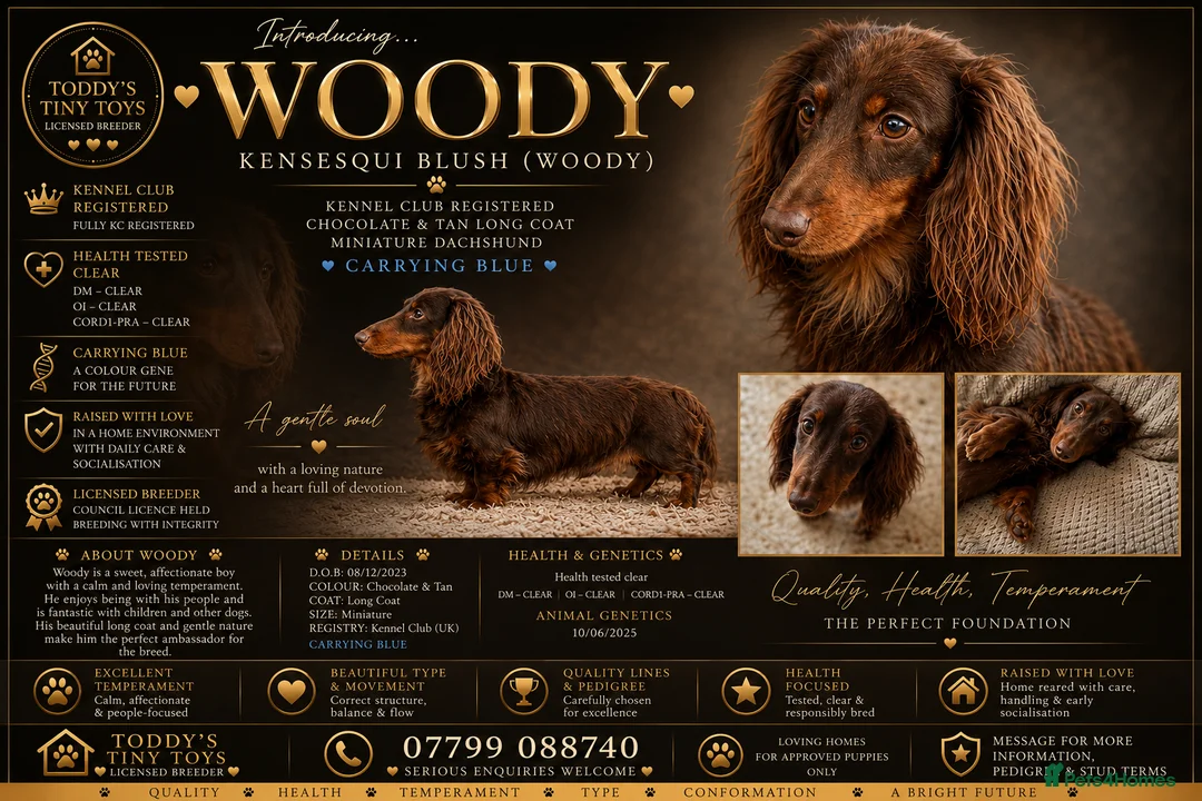 Miniature Dachshund dogs for stud:  Stunning chocolate and tan long haired boy stud - Advert 2